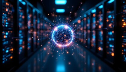 A network of interconnected glowing nodes forming a spherical structure dominates the image, symbolizing global connectivity and data flow