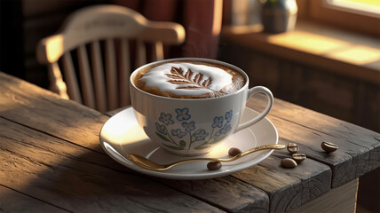 Fototapeta premium A high-quality photograph of a white ceramic teacup and saucer with an ornate floral pattern, positioned on a rustic wooden table.