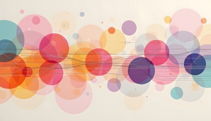 A dynamic composition featuring overlapping circular forms in varying sizes and hues. The circles range from translucent to opaque, creating depth and visual texture