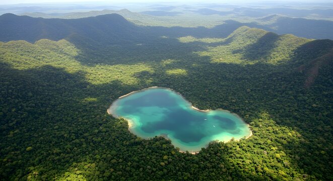 Serene turquoise lake nestled within lush green tropical rainforest, showcasing the breathtaking beauty of untouched natural landscapes from above