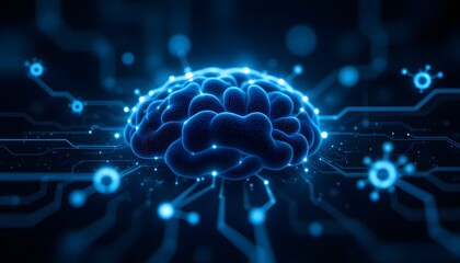 A complex, interconnected network of glowing nodes and lines resembling a stylized brain or neural network, set against a dark, blurred backdrop hinting at vast data storage servers