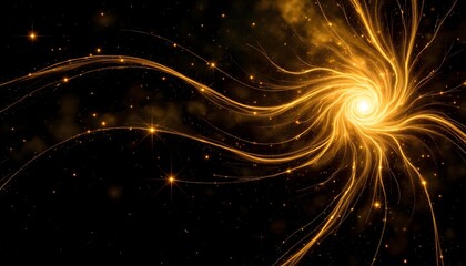A dark, expansive canvas evokes the infinite depths of the cosmos, where ethereal golden light streams and dances