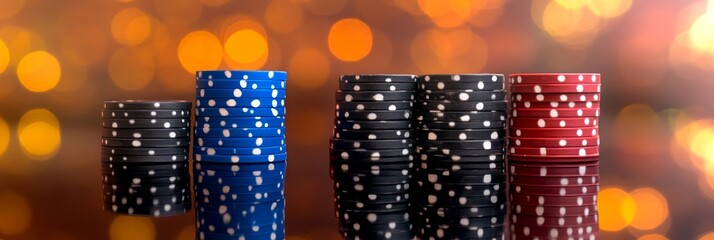 Obraz premium Assorted Poker Chips Stacked Neatly, Standing Tall for Exciting Games Against Shiny Bokeh Background
