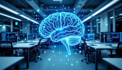 A complex, layered brain illustration, rendered in a blueprint style with circuit like patterns, is superimposed onto a bright, modern office space
