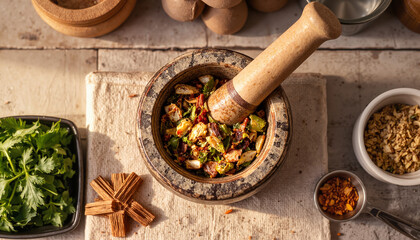 Fototapeta premium Fresh ingredients being crushed in a mortar for cooking preparation 