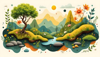 A swirling composition of organic shapes and botanical elements. The color palette is a vibrant mix of greens, yellows, and earthy browns, creating a sense of natural harmony