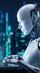 White Robot Using Laptop Blue Cityscape Background