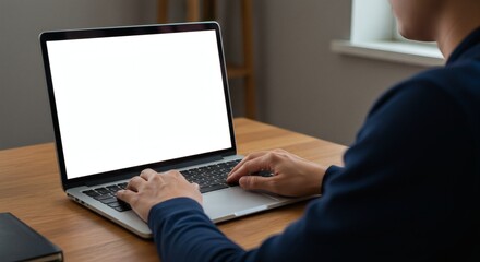Empty screen laptop on wood desk with users hands for app interface showcase or web content template mockup