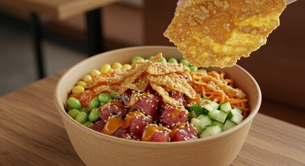 Crispy wonton chips are added to a vibrant poke bowl brimming with fresh tuna, edamame, and colorful vegetables.