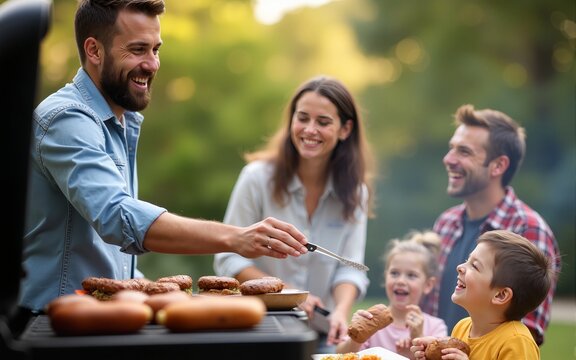 A cheerful man grilling delicious burgers and hot dogs while his family enjoys the outdoor barbecue event, emphasizing togetherness, joy, and the pleasure of shared meals. High quality - Powered by Adobe