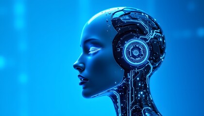 A sleek, chrome plated skullcap rests against a vibrant blue backdrop, seamlessly merging with a network of glowing, fiber optic strands that trace along the contours of a humanoid face