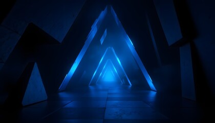 A deep, shadowed space punctuated by sharp, angular structures exhibiting a gradient from intense, electric blue to saturated black