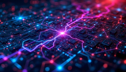 A luminous matrix of interconnected nodes and pathways pulsates with vibrant energy, forming a complex cyber network