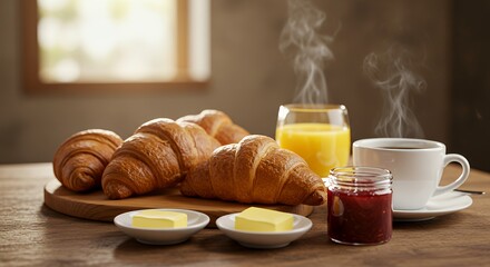 Warm Morning Delight: Fresh Croissants, Coffee, and Jam Await