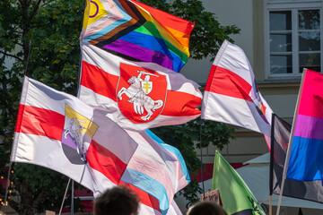 Vibrant lgbtq pride parade celebration with colorful flags