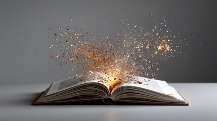 An open book with sparks bursting from its pages, creating a magical and energetic atmosphere, symbolizing creativity and inspiration.