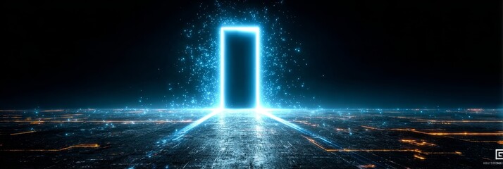 Futuristic Digital Gateway with Glitch Effects and Cyber Pathway Illustrating Advanced Technology