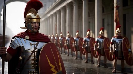 Roman centurion leads a disciplined legion of soldiers in full armor standing in formation along a classical colonnade, representing ancient history, military power and strategic order - Powered by Adobe