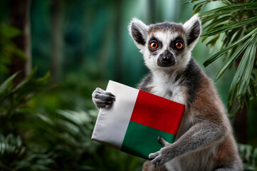 Lemur with the Madagascan flag in paws on jungle background. National symbol and patriotic decor concept. For Madagascar Day, Flag day. Funny animal for banner, poster, card