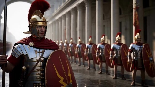 Roman centurion leads a disciplined legion of soldiers in full armor standing in formation along a classical colonnade, representing ancient history, military power and strategic order