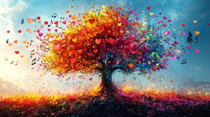 Colorful tree with hearts and musical notes in a vibrant landscape.