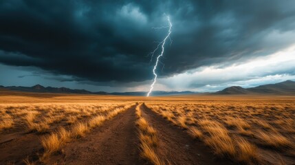 Obraz premium A dramatic scene unfolds as lightning bolts slice through the dark storm clouds, illuminating the vast and barren landscape, evoking a sense of awe and reverence for nature.