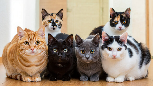 group of cats stitting