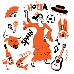 Unique culture vector illustration of Spain. A humorous cartoon featuring black and white line characters and a fun theme.