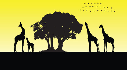 Giraffe silhouette with nature. Vector illustration.