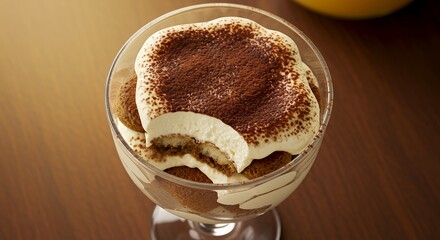Indulge in a decadent bite of this creamy, cocoa-dusted tiramisu, perfectly layered in a stylish glass.