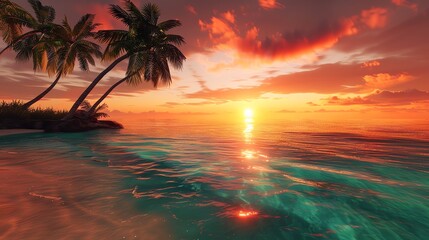 Amazing sunset over the ocean. Palm trees on the beach. Pink, blue and orange sky.