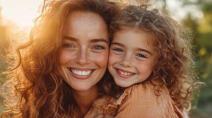 A heartwarming moment captured between a mother and her daughter, showcasing their strong bond and joy while they share smiles against a beautiful outdoor background.