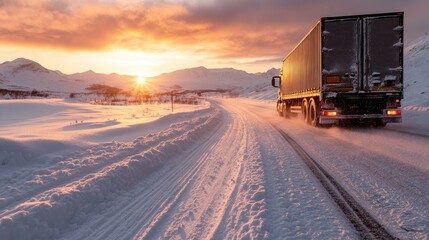 Obraz premium A truck navigates a snowy mountain road at sunset, symbolizing adventure and resilience in the face of harsh winter conditions in a stunning landscape.