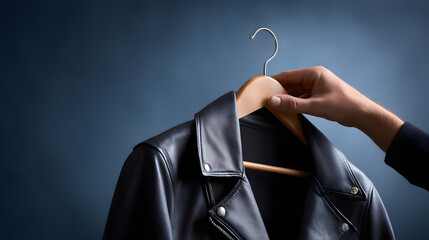Smooth arm reaching from below holding a black leather jacket on a wide wooden hanger, deep pastel navy background