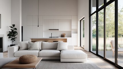 A stylish and modern living room featuring minimalist design elements, showcasing an inviting atmosphere that promotes relaxation and comfort in a beautiful home environment.