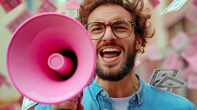 Stylish man shouting through a pink megaphone in front of a wall of money, representing bold expression and wealth