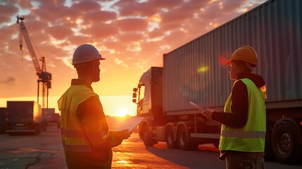 Two workers in hard hats and safety vests are standing in front of a truck. They are looking at each other and holding clipboards.