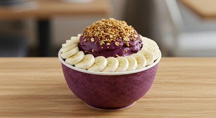 Indulge in this vibrant Acai bowl, topped with crunchy granola and fresh banana slices.