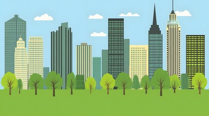 Modern City Skyline Park Green Trees Summer