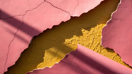 Abstract close up of cracked pink plaster revealing textured yellow wall underneath with dramatic shadows and light