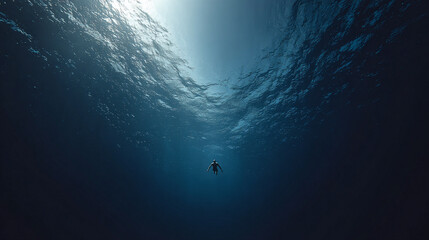A person falling alone into the deep ocean, surrounded by endless dark blue water