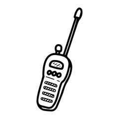 Police radio walkie talkie. Hand drawn doodle vector. Equipment for officer negotiations. Device for transmitting voice sound over a distance. Illustration line art element.