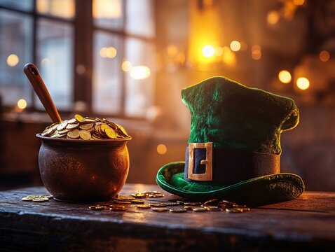 Leprechaun hat and pot of gold closeup cozy room still life warm lighting magical theme