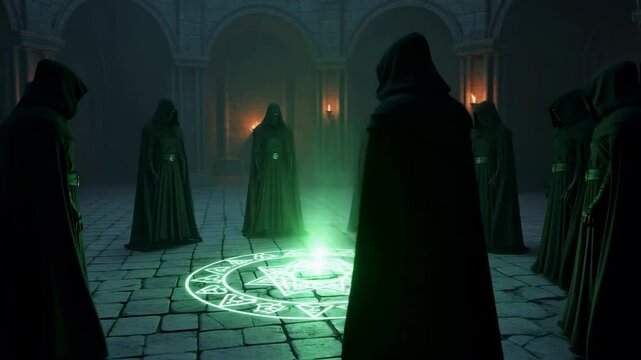 Mysterious hooded figures stand in a dark chamber around a glowing magical symbol on the floor, performing a secret ritual, representing themes of fantasy, occultism or secret societies