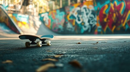 Skateboard resting in a vibrant urban skatepark