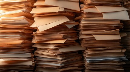 Naklejka premium A close-up view of numerous stacked paper files, showcasing the organization of documents that suggest meticulous research, administrative work, or archival activities.