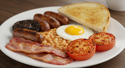 Indulge in a hearty full English breakfast, complete with perfectly cooked bacon, sausages, and all the trimmings.