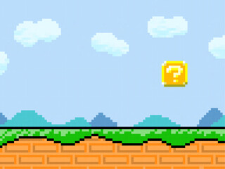 ロールプレイングゲームのピクセルアートの背景。道とハテナが描いてあるブロック。