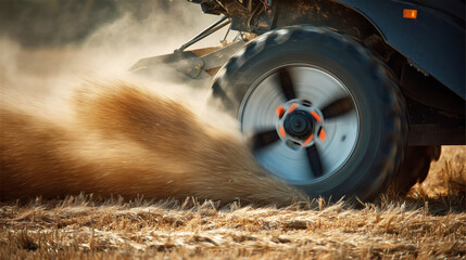 Realistic close-up of combine harvester in action during wheat harvesting season, dust and movement captured, sharp industrial detail and rural background