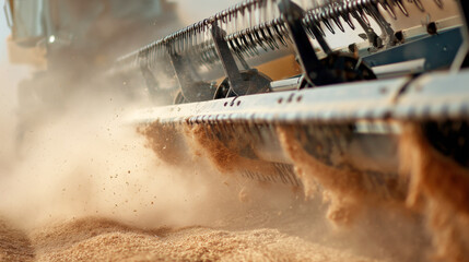 Close-up of a large agricultural combine machine harvesting ripe wheat, visible rotating blades, golden field, flying dust, daylight